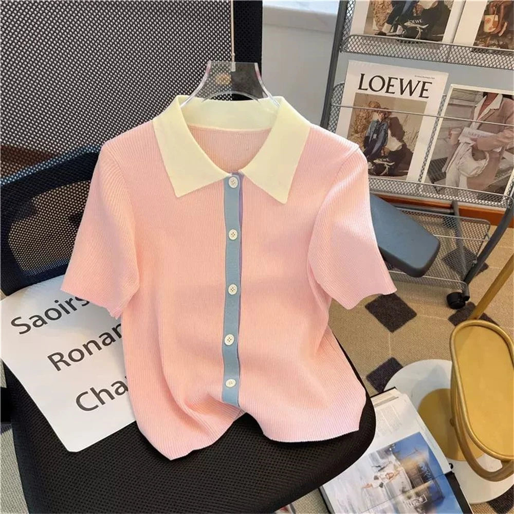 POLO collar short sleeved knitted shirt for women, summer color blocking versatile T-shirt, plus size slimming top