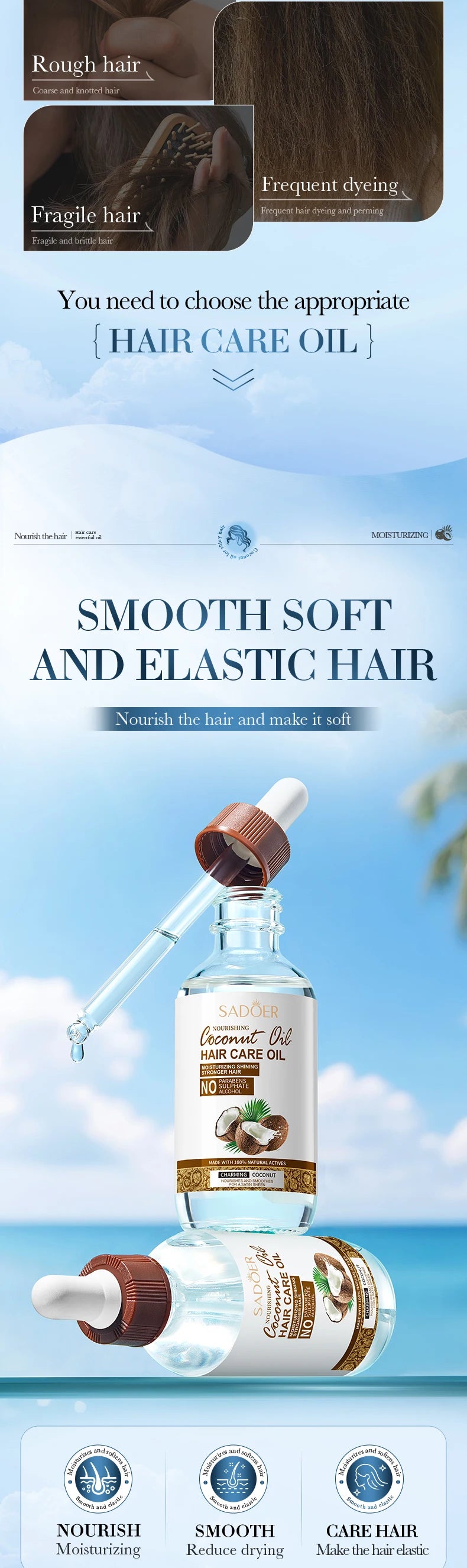 SADOER Coconut Hair Care Oil Hair Essence Repair Dry Damaged Hair Smooth Nourishing Moisturizing Treatments for Hair