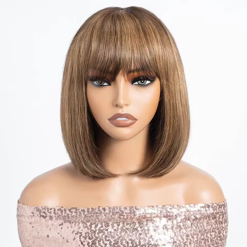 Brazilian Hair Reddish Brown color#33A Short Cut Straight Bob with Bangs 100% Human Hair Bob Wigs Real Scalp Straight Bob Wig