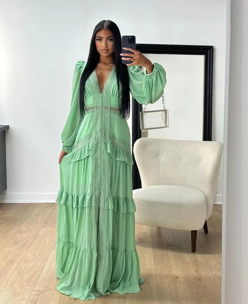 Elegant Womens Maxi Dress Ruffles Long Sleeve Hollow Out Evening Dresses Party Chic Robe Green Blue Purple New In Holiday Summer