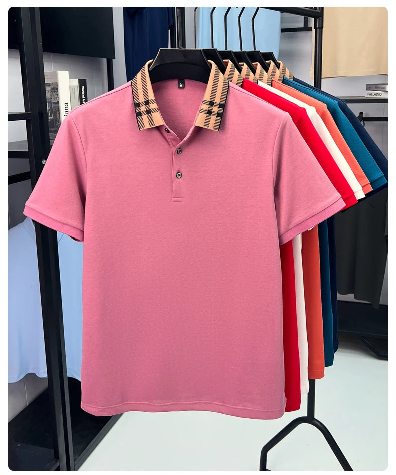 Fashion brand plaid lapel short sleeve polo shirt men summer new style simple solid color high-end business casual golf T-shirt