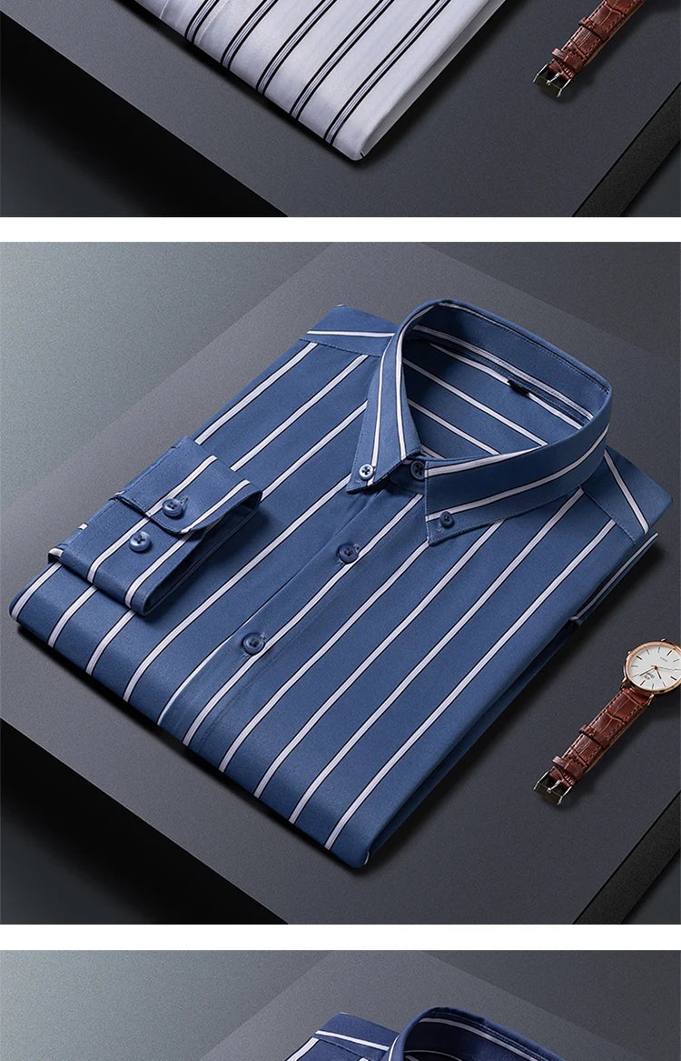 Mens Striped Shirts Korean Fashion Business Formal Wear Long Sleeve Men's Social Shirt Dress Slim Fit Elastic Office Blouse Male