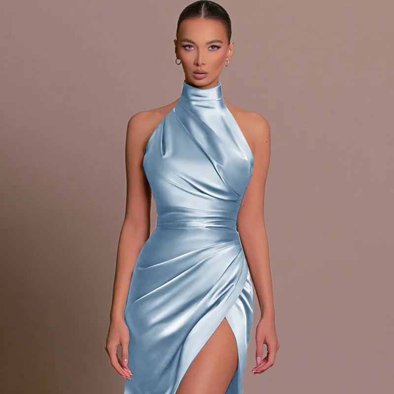 Ladies Summer Satin Evening Birthday Party Dresses Women Sleeveless Backless Halter Side Slit Elegant Long Dress Mowan Clothes