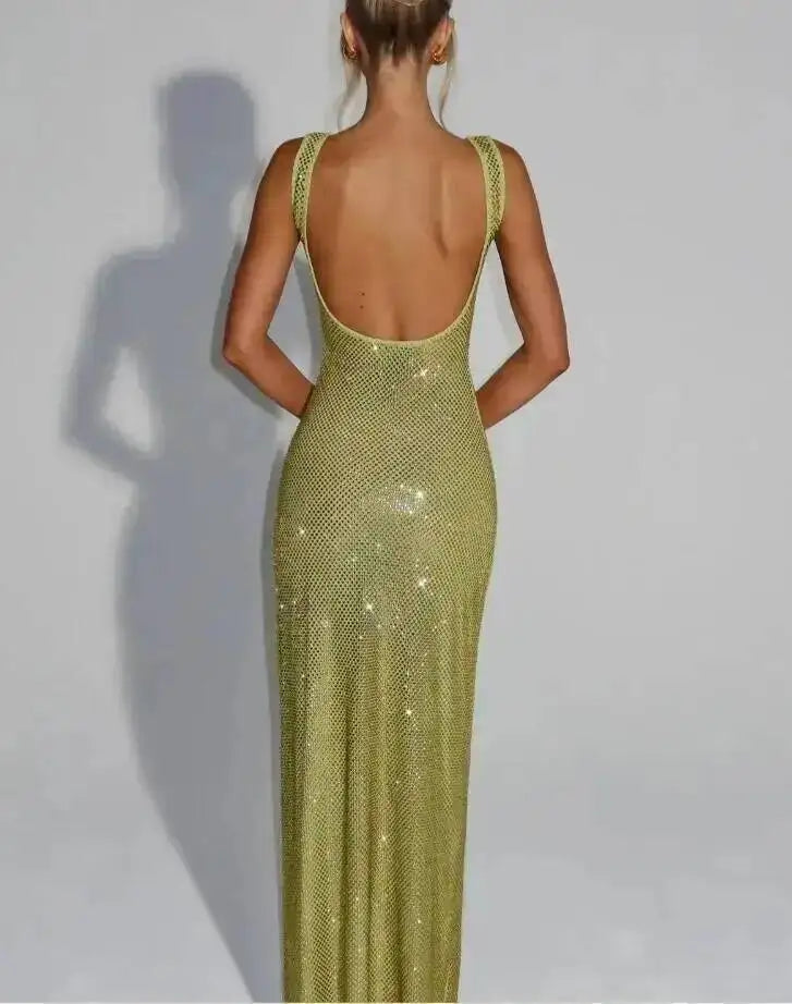 Giyu Sexy Sequined Mesh Diamond Club Evening Party Dresses Women 2025 Summer Autumn Sleeveless Backless Bodycon Maxi Long Dress