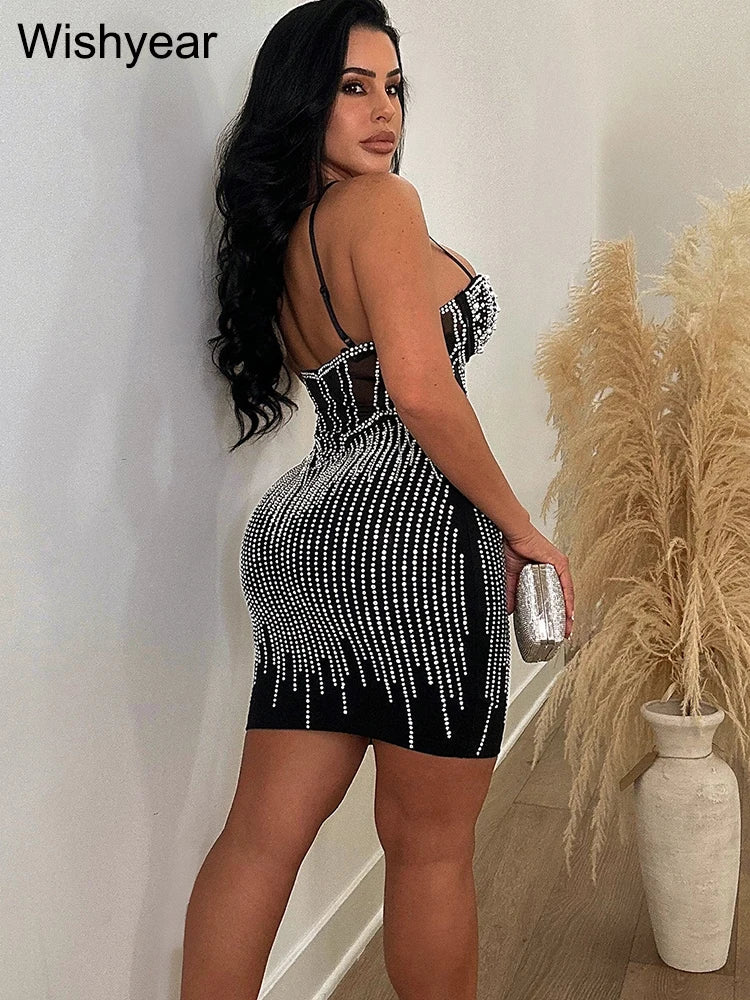 Elegant Evening Birthday Party Dresses for Women Halter Neck Mesh Patchwork Diamonds Rhinestones Prom Club Bodycon Midi Vestidos