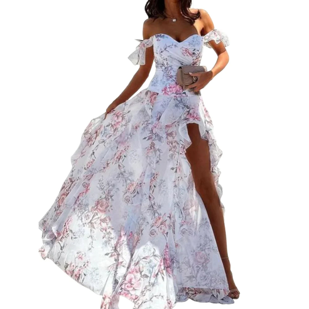 Elegant Party Dresses for Women 26 New Casual Fashion Print Trend Sexy Spicy Girl Off Shoulder Strap Split Waist Dress Vacation