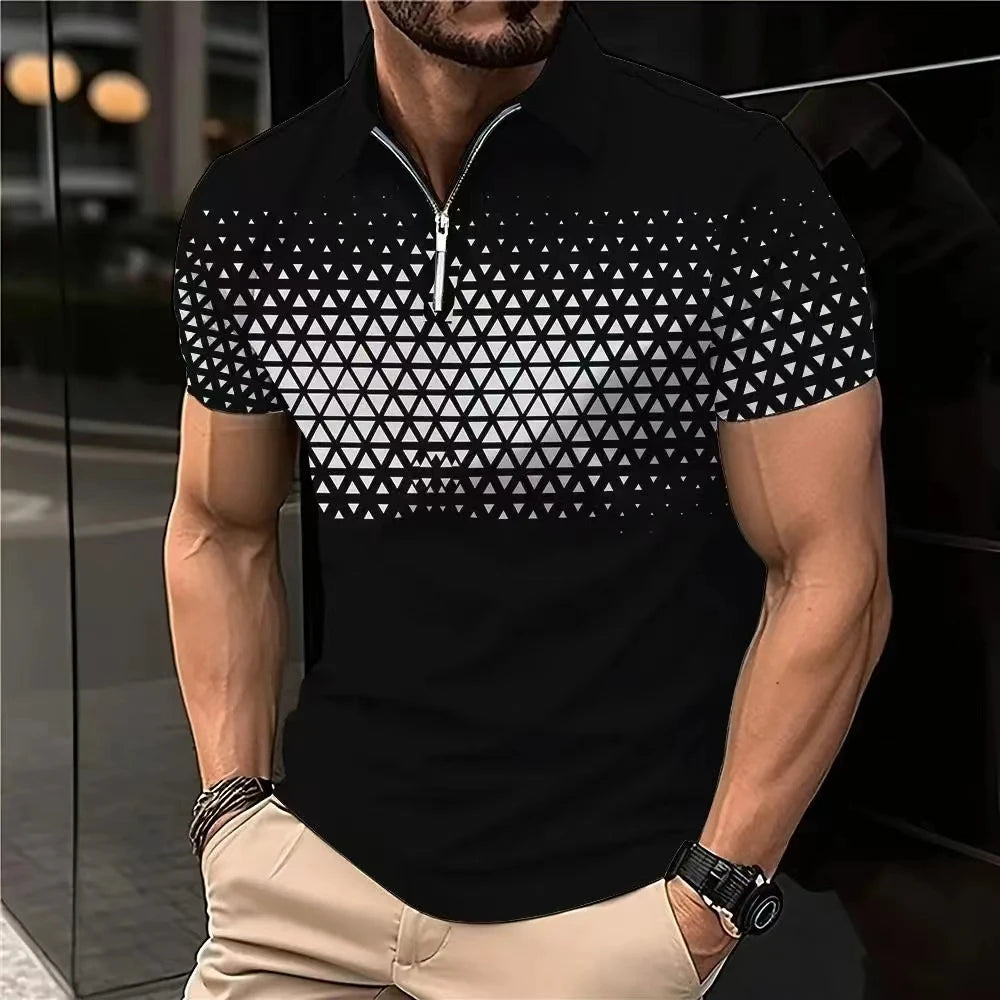 Men'S Polo Shirt Plaid Print Zip Polo T-Shirt Summer Short Sleeve Daily Casual Golf Shirt High Quality Tops Fashion Men Clothing