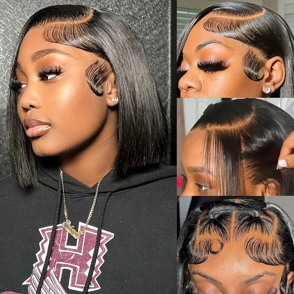 Straight Short Bob Wig Human Hair 13x4 Transparent Lace Front Wigs 230 Density Natural Black Bone Straight Short Human Hair Wigs