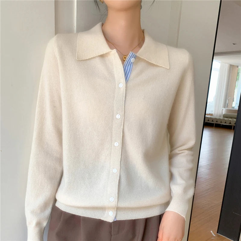 Women's Polo Collar Shirt Cardigan Merino Wool Sweater Long-sleeve Color Bar Clothing Spring Autumn Warm Knitwear Female Top