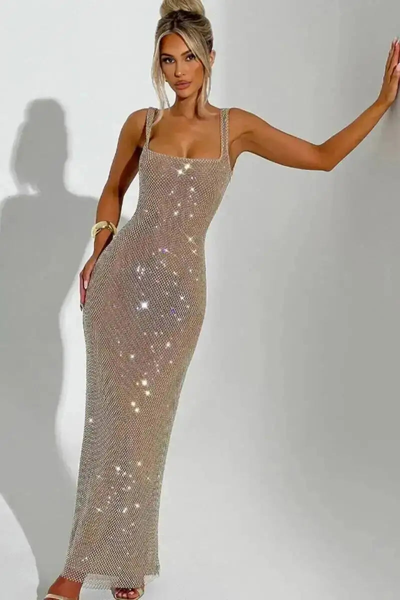 Giyu Sexy Sequined Mesh Diamond Club Evening Party Dresses Women 2025 Summer Autumn Sleeveless Backless Bodycon Maxi Long Dress
