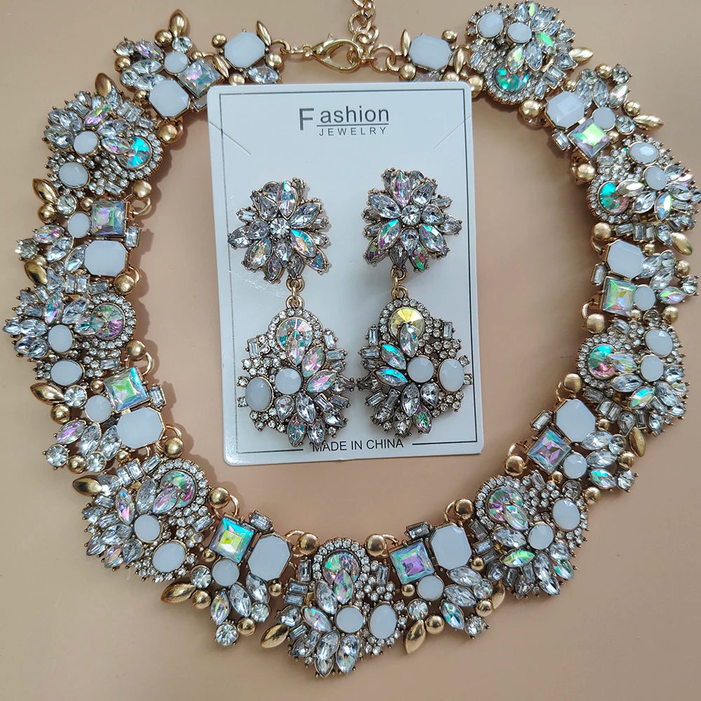 Elegant Jewellery Gifts for Her Women's Vintage Statement Earrings and Large Crystal Rhinestone Choker Necklace Jewelry Set