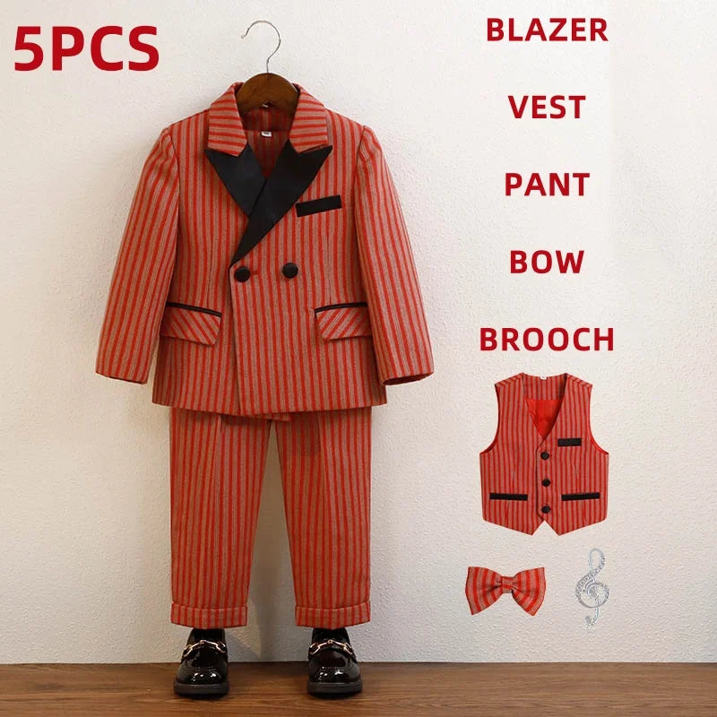 Children Boys Red Luxurious Striped Suit Formal Blazer Vest Pant Boys Suits Outfits Set British Style Handsome Wedding Suit