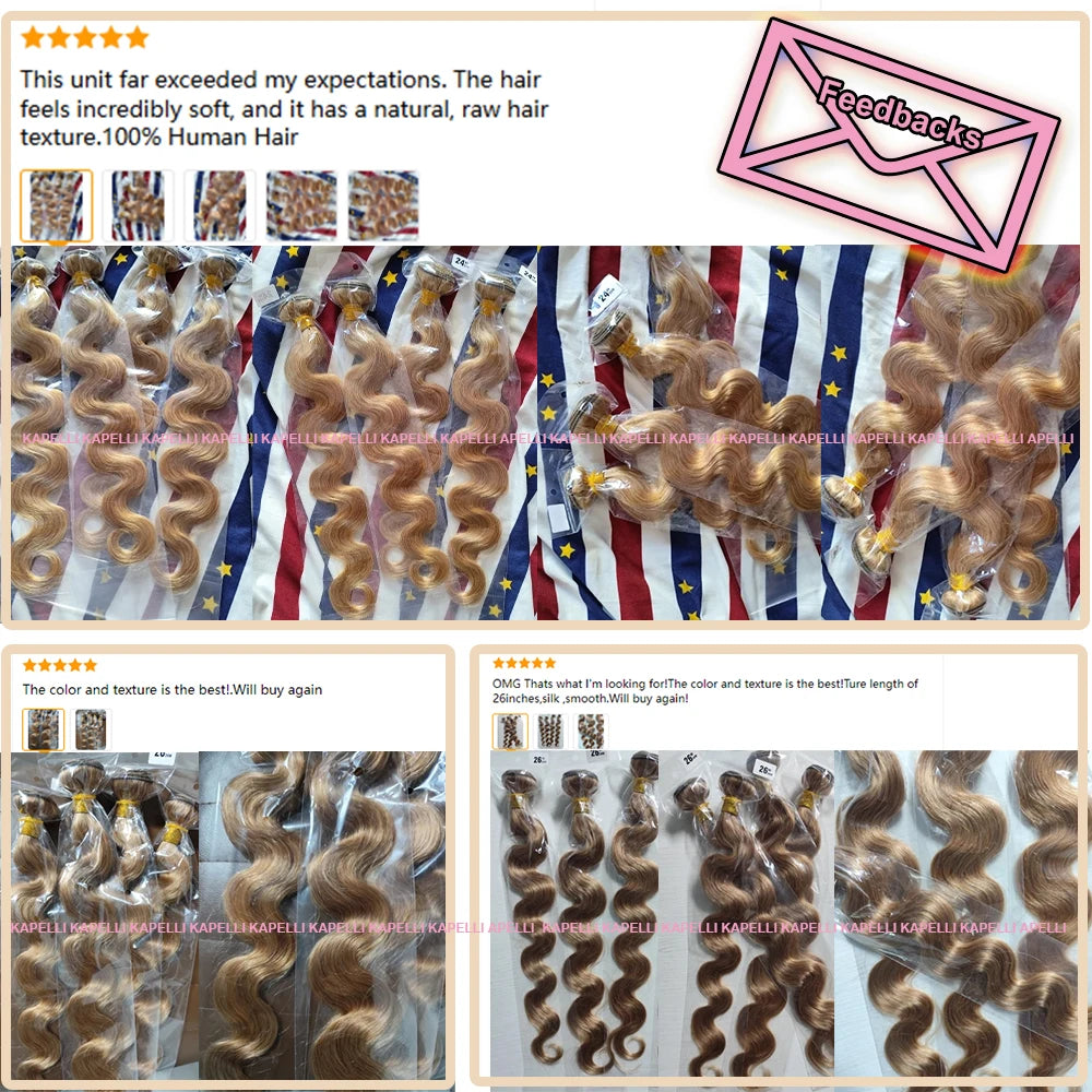 #27 Honey Blonde Hair Body Wave Human Hair Bundles 100% Brazilian Unprocessed Raw Hair Extensions #613 Blonde Bundle Deal