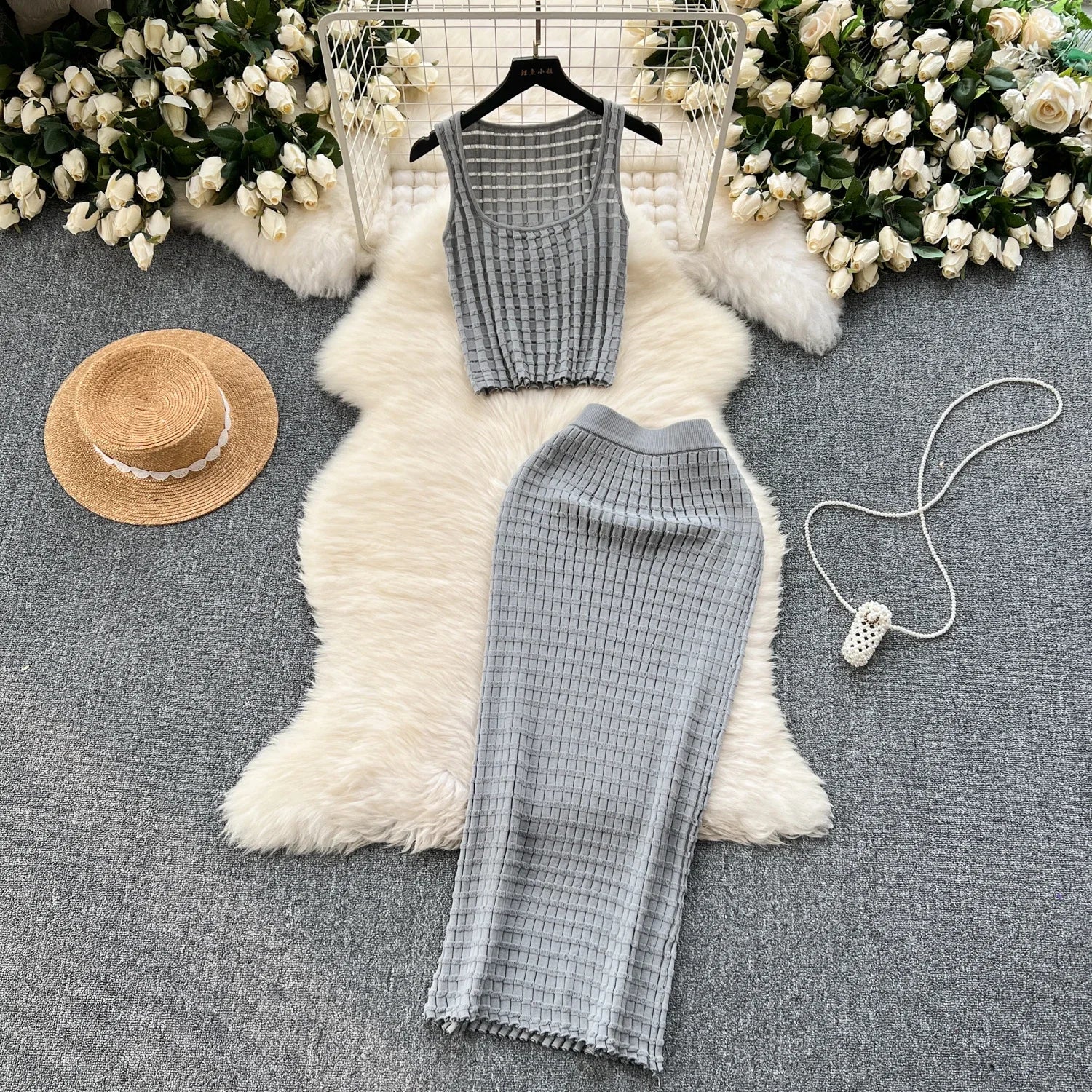 Summer Women Fashion Skirt Set Sexy Sleeveless Tank Tops High Waist Slim Long Saya Female Two Piece Suits Knit Solid Clothes