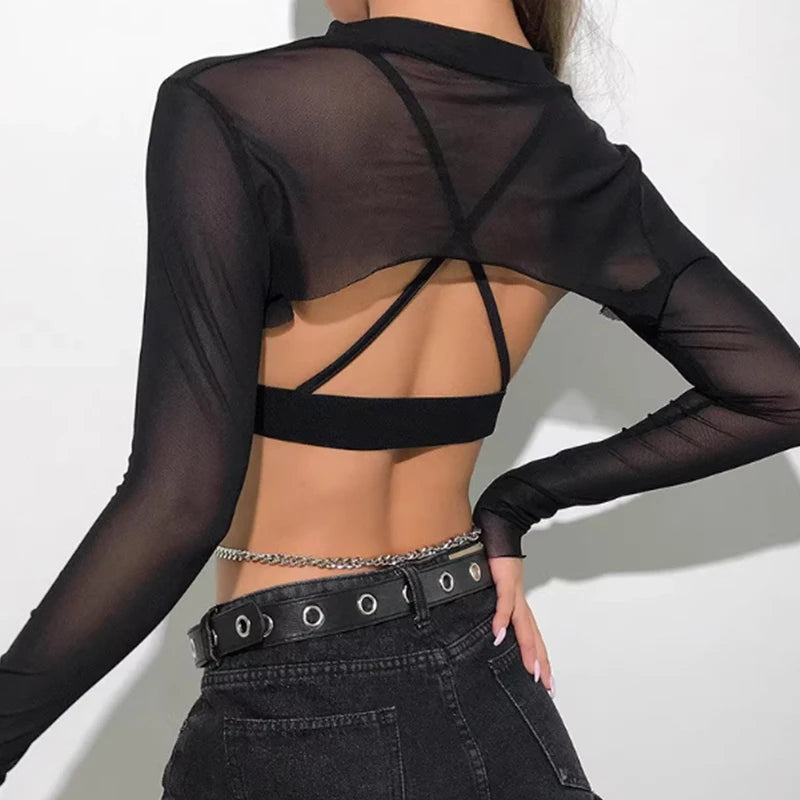 Hot Summer Sexy Top Ultra Short Perspective Round Neck Long Sleeve Solid Color Transparent T-shirt Women's Top