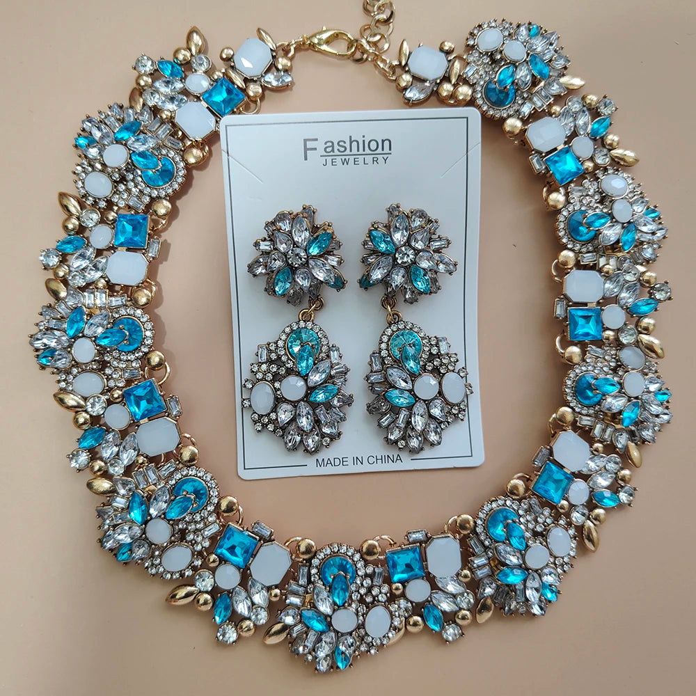 Elegant Jewellery Gifts for Her Women's Vintage Statement Earrings and Large Crystal Rhinestone Choker Necklace Jewelry Set
