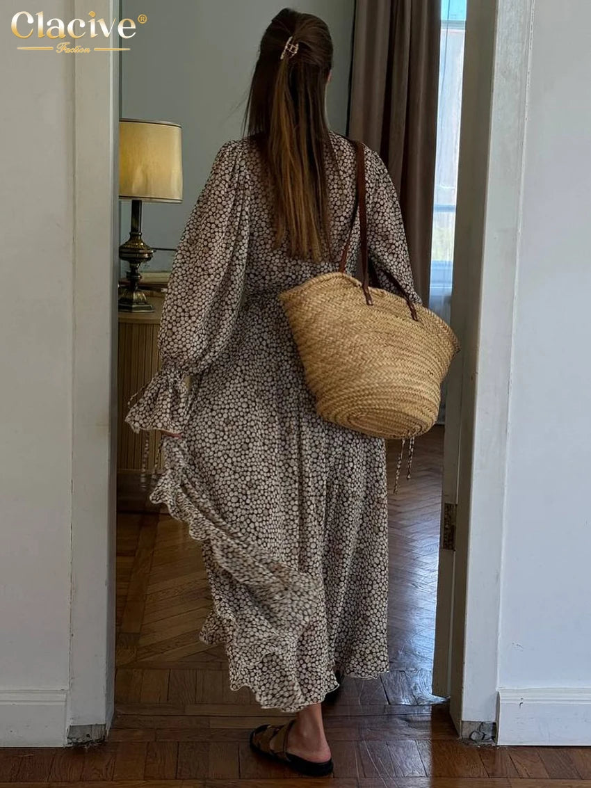 Clacive Fashion Loose Print Women's Dress 2025 Sexy V-Neck Long Sleeve Ankle Length Dresses Elegant Classic Ruffles Female Dress
