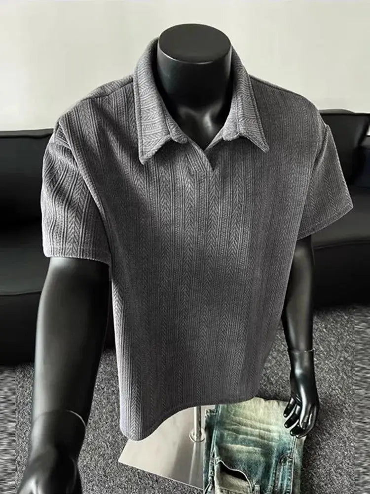 Men Short Sleeve Polo Shirt Herringbone Rib Knit Oversized Casual Top