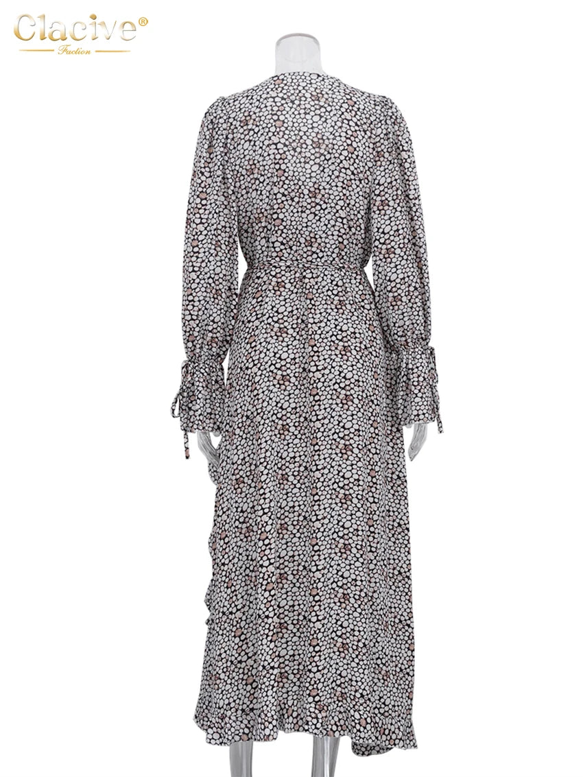 Clacive Fashion Loose Print Women's Dress 2025 Sexy V-Neck Long Sleeve Ankle Length Dresses Elegant Classic Ruffles Female Dress