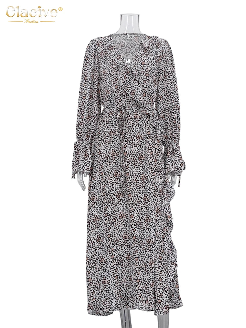 Clacive Fashion Loose Print Women's Dress 2025 Sexy V-Neck Long Sleeve Ankle Length Dresses Elegant Classic Ruffles Female Dress