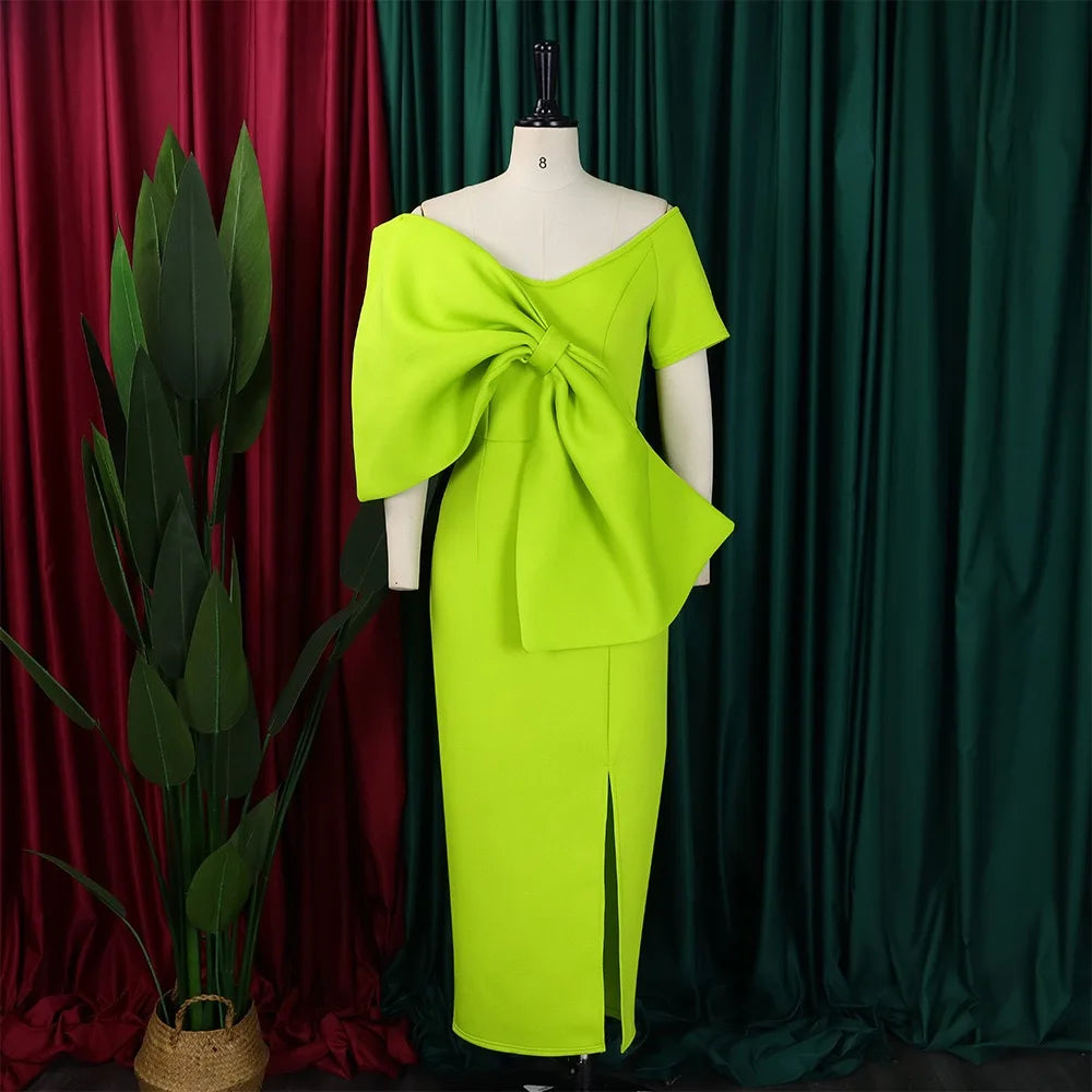 Elegant Party Dresses for Woman 2024 New V Neck Short Sleeve Big Bow Decorate Sheath Side Split Ankle Length Luxury Party Dress