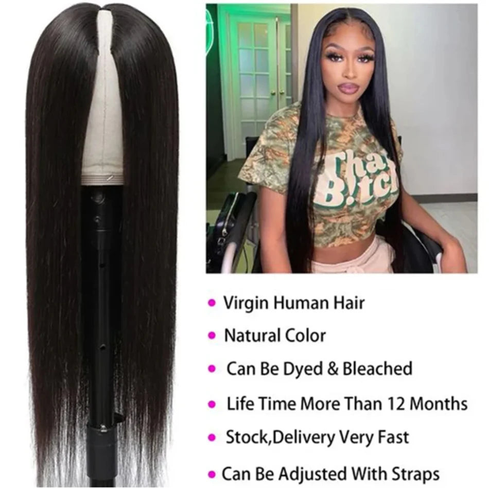 Silkly Straight V Part Human Hair Wigs 30 Inch Bone Straight Wig For Women Daily Use Glueless Wig Ready To Wear On Sale Natural