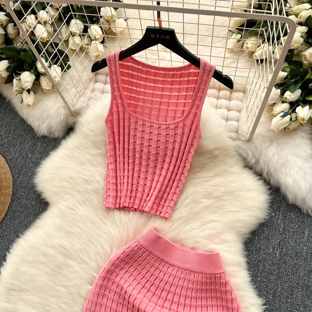 Summer Women Fashion Skirt Set Sexy Sleeveless Tank Tops High Waist Slim Long Saya Female Two Piece Suits Knit Solid Clothes