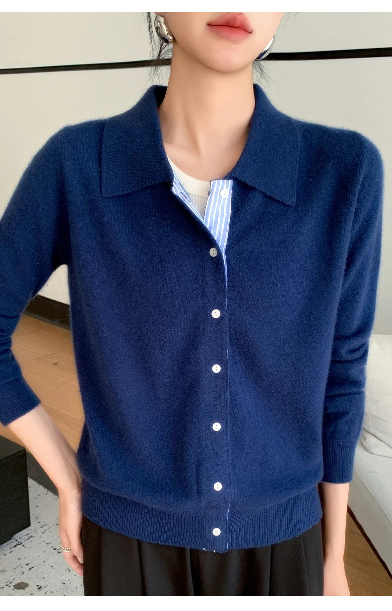 Women's Polo Collar Shirt Cardigan Merino Wool Sweater Long-sleeve Color Bar Clothing Spring Autumn Warm Knitwear Female Top