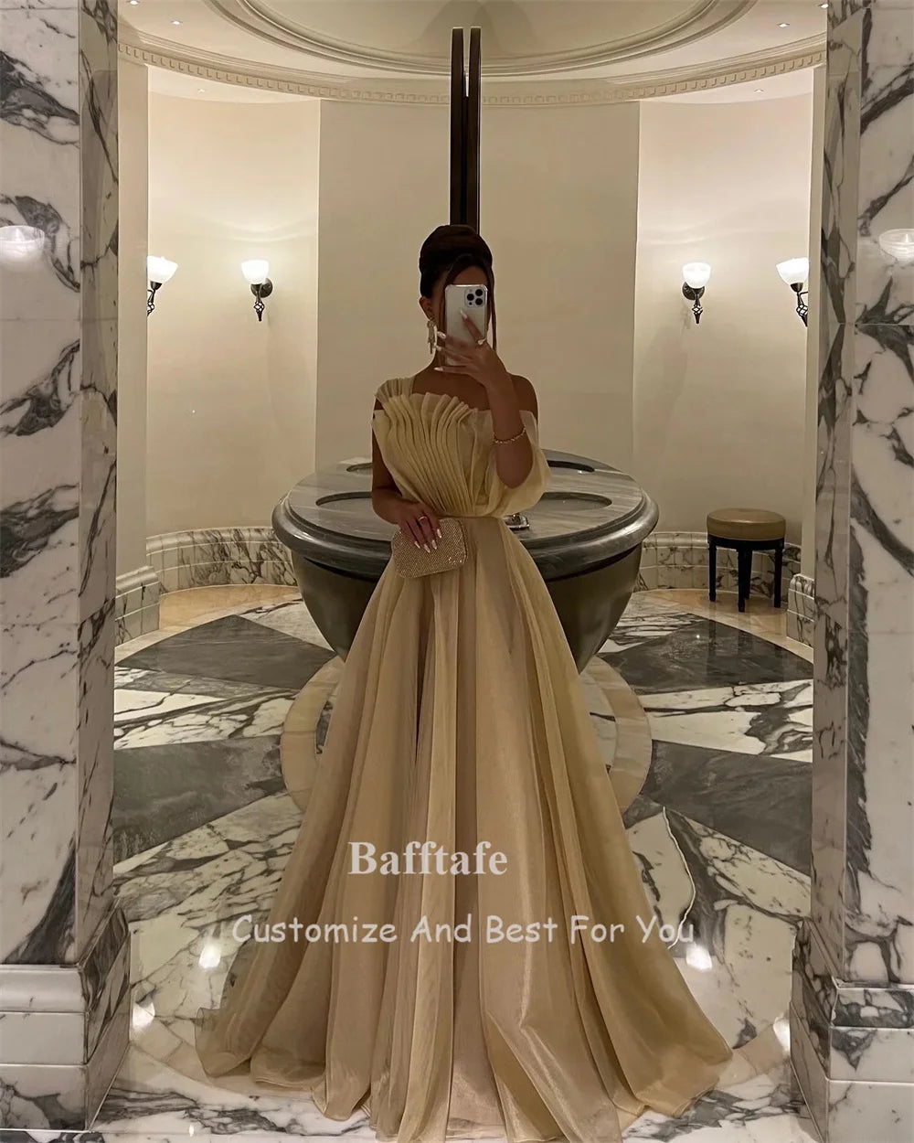 Sansa Luxury A-Line Champagne Organza Eveing Dress Floor-Length Off the Shoulder Wedding Dresses Draped vestidos de fiesta 2024