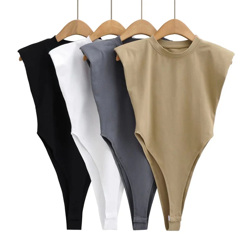 Sexy tops women  Summer one-pieces bodycon bodysuit padded shoulder bodysuit black sleeveless body suits for women white