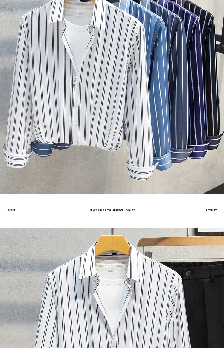 Mens Striped Shirts Korean Fashion Business Formal Wear Long Sleeve Men's Social Shirt Dress Slim Fit Elastic Office Blouse Male