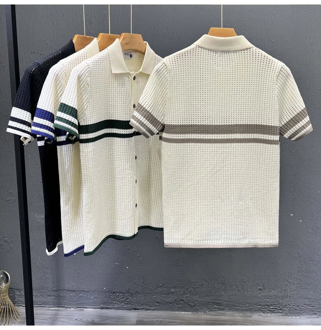 POLO Shirt Knitted Sweater Short-sleeved Men's Hollow Cardigan Striped Old Money Wind Casual T-shirt Summer Men Clothing