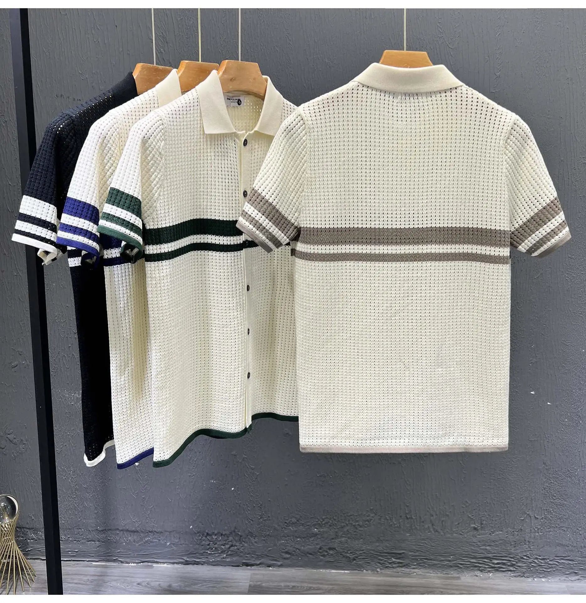 POLO Shirt Knitted Sweater Short-sleeved Men's Hollow Cardigan Striped Old Money Wind Casual T-shirt Summer Men Clothing