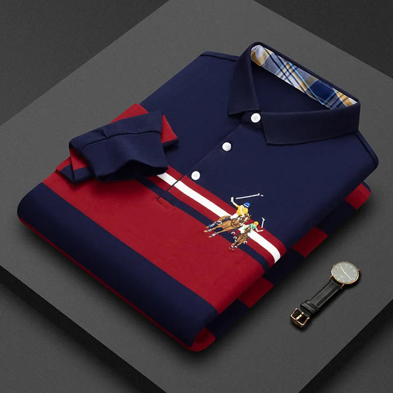 Polo Shirt Man Long Sleeve Cotton Casual Striped Polo Shirt Men Fashion Lapel Button Shirt Embroidery High Quality Breathable