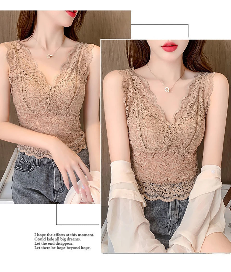 Summer Sexy Deep V Lace Vest With Breast PadsEmbroidery Floral Tank Top Wrapped Chest Camisole Padded Crop Tank Top For Women