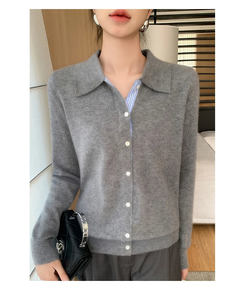 Women's Polo Collar Shirt Cardigan Merino Wool Sweater Long-sleeve Color Bar Clothing Spring Autumn Warm Knitwear Female Top