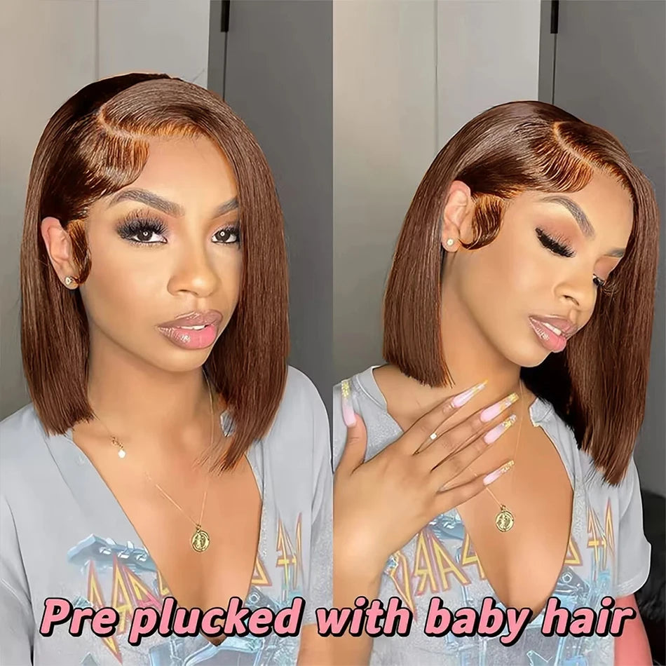 Chocolate Brown Bone Straight Short Bob Wigs 13x4 Lace Front Wigs Human Hair Brazilian Colored Human Hair Bob Wigs 180% Density