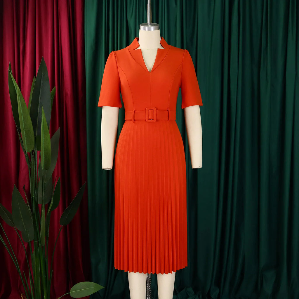 Fashion Ladies Birthday Party Dinner Night Dress New Elegant Pleated Dresses For Women V Neck Short Sleeve Belt Waisted Mid Calf