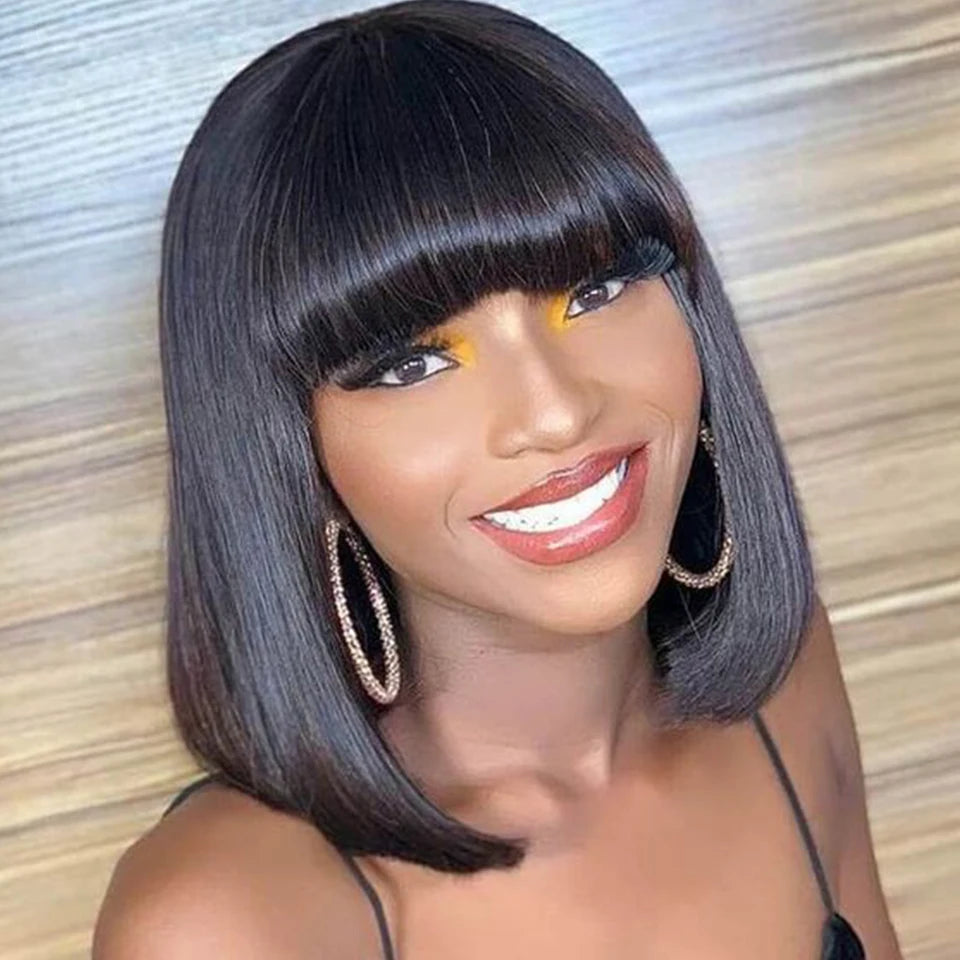 Brazilian Short Straight Hair Bob Wigs Human Hair Wig With Bangs Remy Full Machine Made Wig for Women Non Lace Glueless Bob Wig