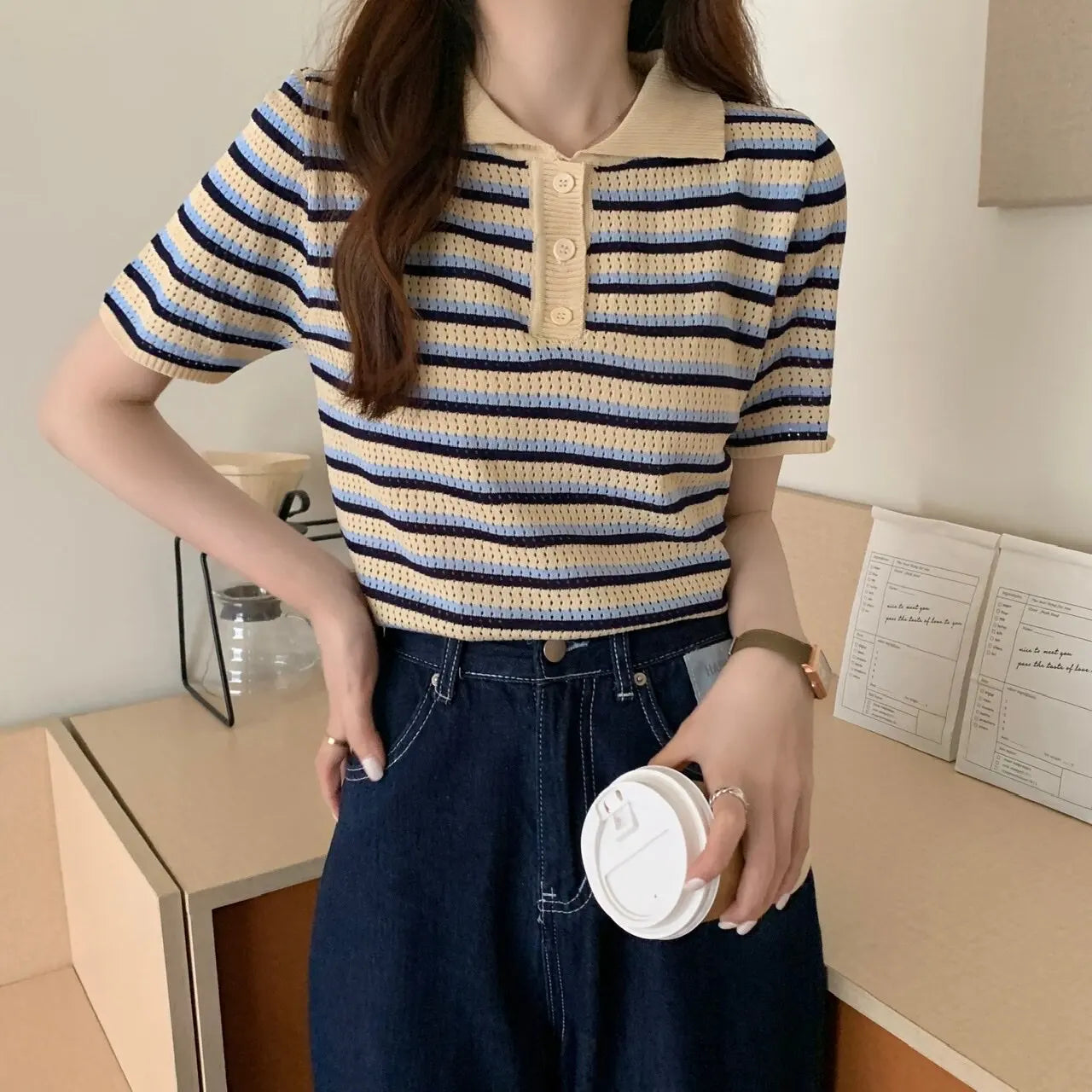 Striped Short Sleeve Polo Sweater Women Pointelle Knit Polo Shirt with Collar Buttons Crop Top Schoolgirl Preppy Style Summer