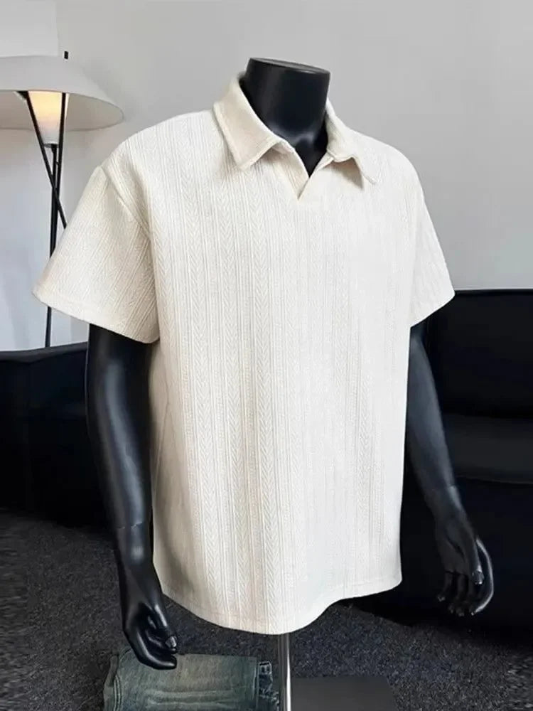 Men Short Sleeve Polo Shirt Herringbone Rib Knit Oversized Casual Top