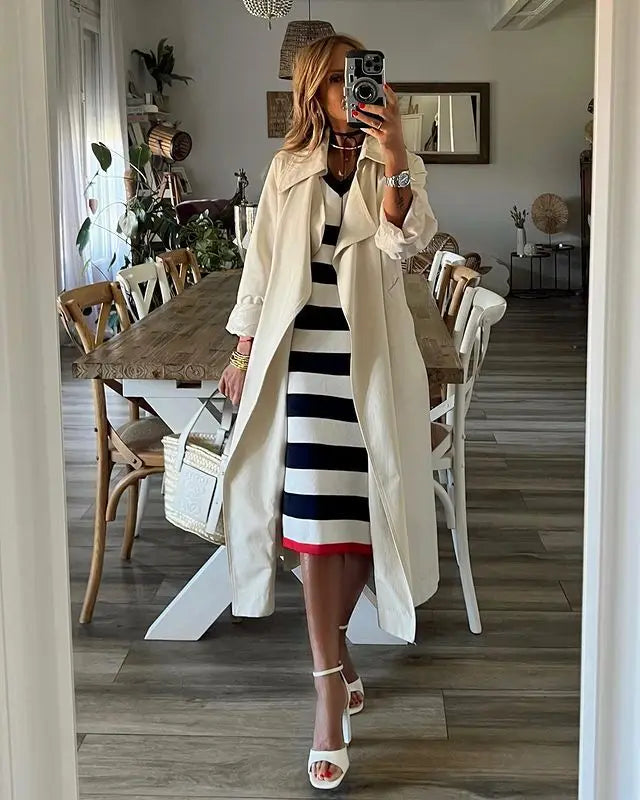 Black White Striped Pullover Dress For Women 2026 Summer New Style Striped V-neck Hem Slit Casual Loose Dress Ladies Vestidos