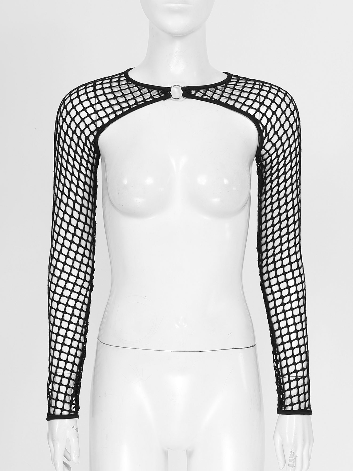 Summer Women T-Shirt Sexy Hip Hop Gothic Female Super-short O Ring Hollow Out Fishnet Long Sleeve Crop Tops Rave Party Clubwear