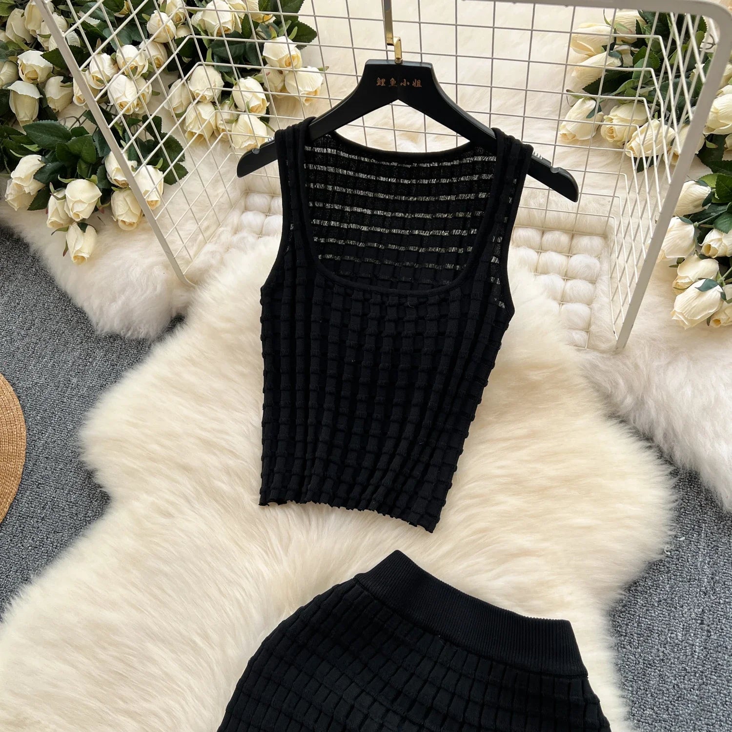 Summer Women Fashion Skirt Set Sexy Sleeveless Tank Tops High Waist Slim Long Saya Female Two Piece Suits Knit Solid Clothes