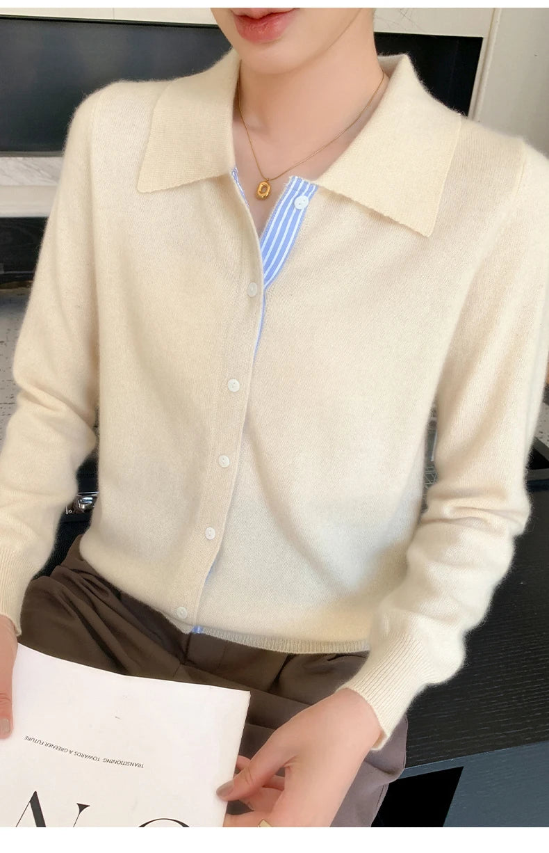 Women's Polo Collar Shirt Cardigan Merino Wool Sweater Long-sleeve Color Bar Clothing Spring Autumn Warm Knitwear Female Top