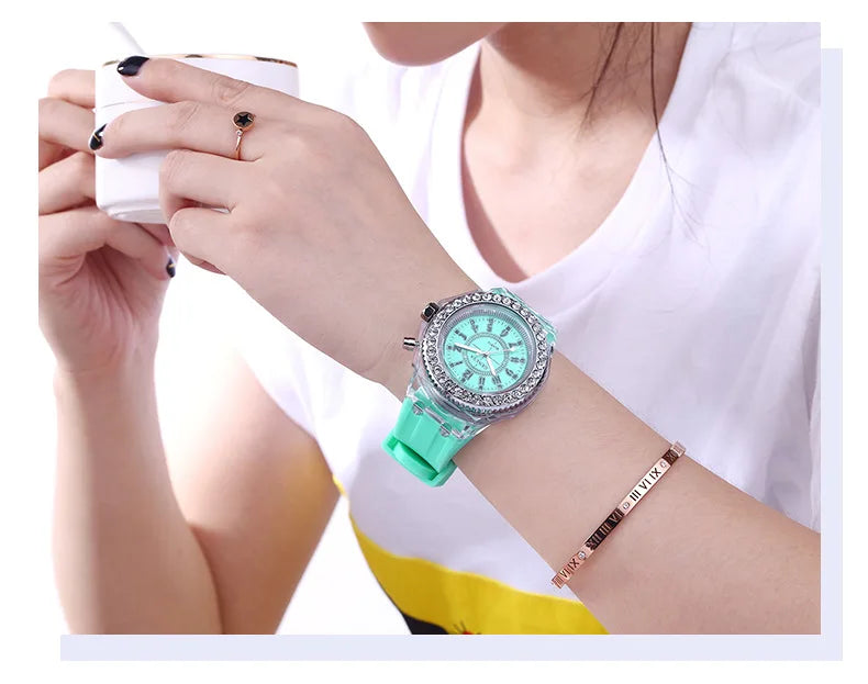 LED Light Flash Luminous Watches Women Men Boys Girls Silicone Wrist Watch Fashion Rhinestone Clock Kids Children Relogio Saati