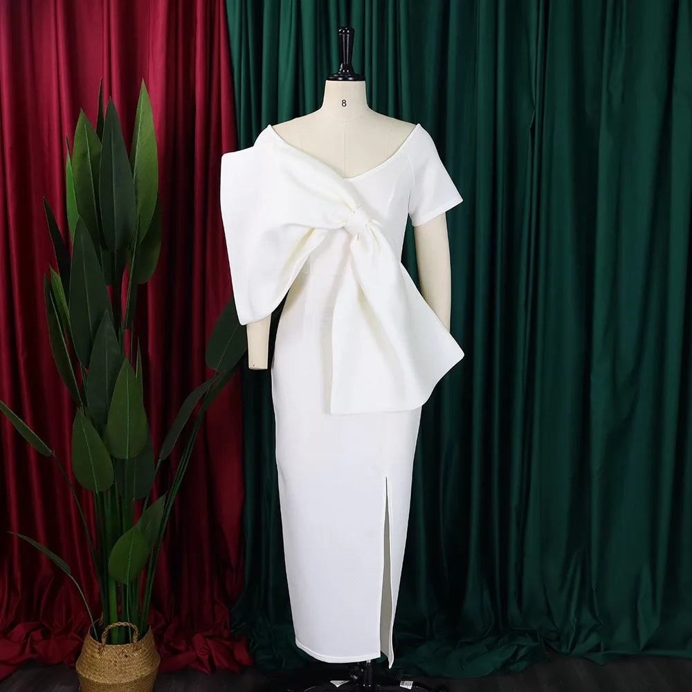 Elegant Party Dresses for Woman 2024 New V Neck Short Sleeve Big Bow Decorate Sheath Side Split Ankle Length Luxury Party Dress