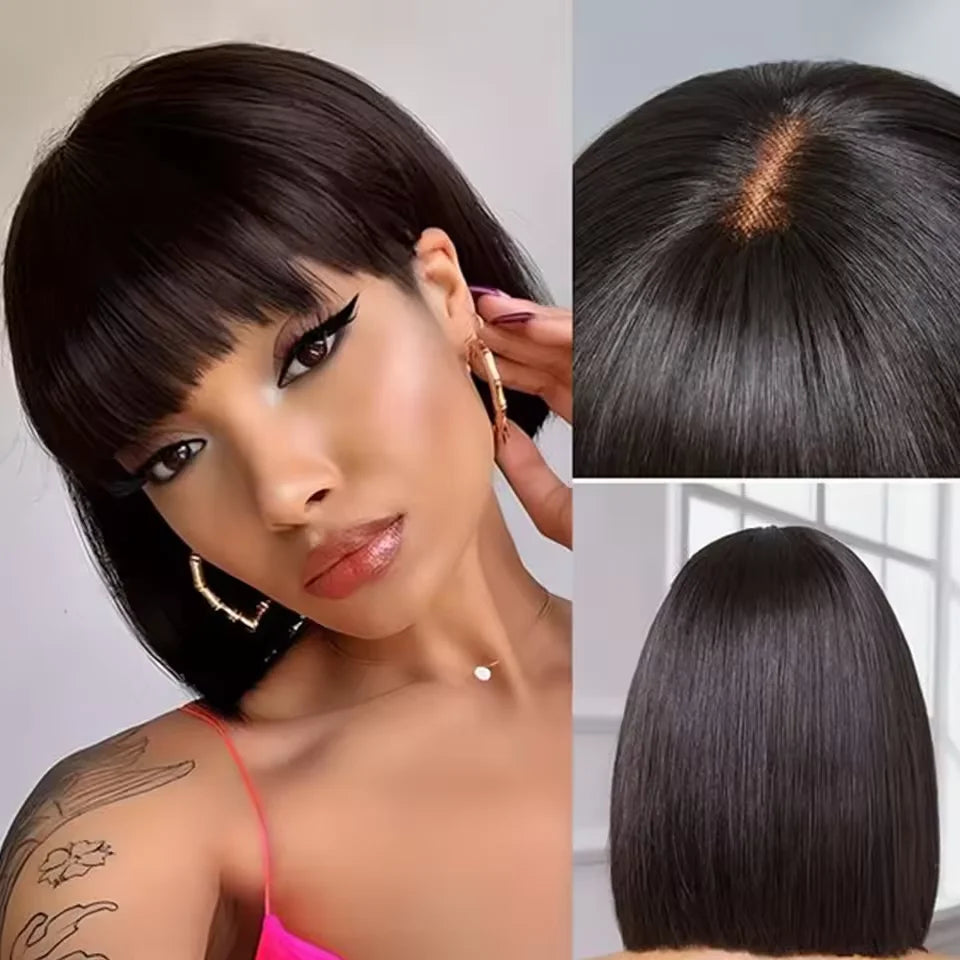 Brazilian Hair Reddish Brown color#33A Short Cut Straight Bob with Bangs 100% Human Hair Bob Wigs Real Scalp Straight Bob Wig
