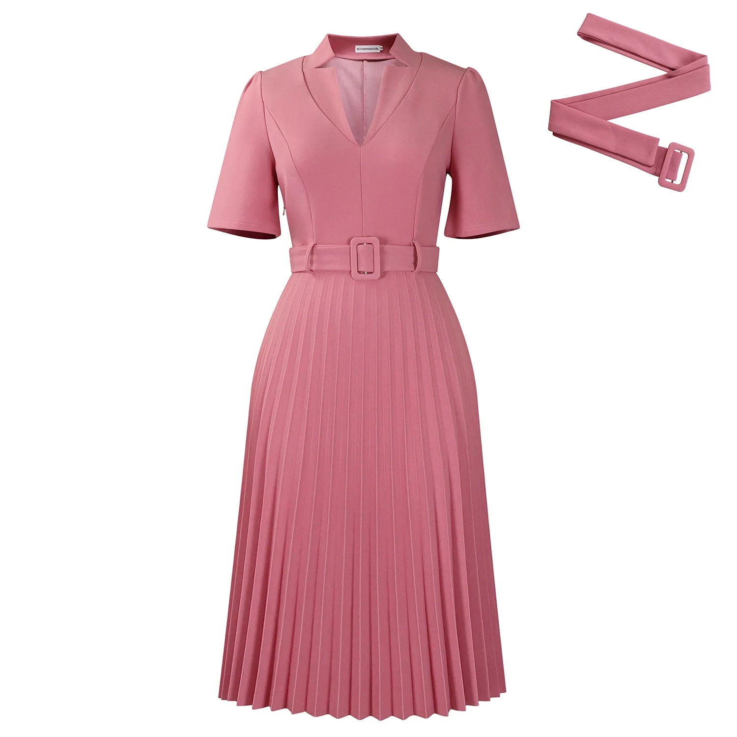 Fashion Ladies Birthday Party Dinner Night Dress New Elegant Pleated Dresses For Women V Neck Short Sleeve Belt Waisted Mid Calf