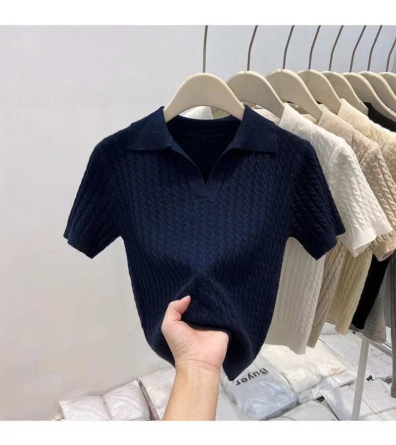 Polo Neck Knit Sweater Women Short Sleeve T-shirt High-end Slim Korean Chic High-end Tops Patchwork Women Clothing Thin Pullover